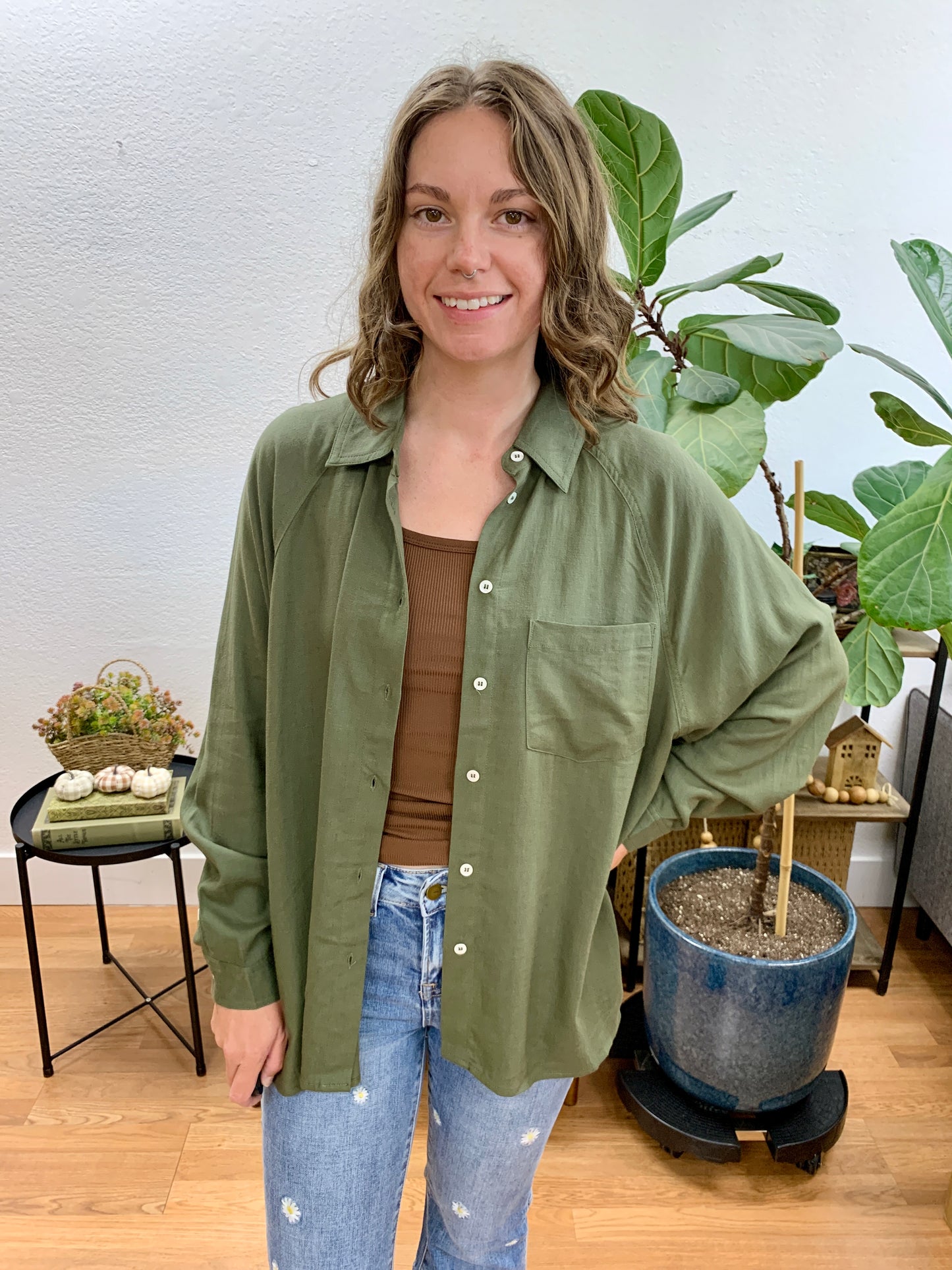 Olive Linen Blend Raglan Button Up