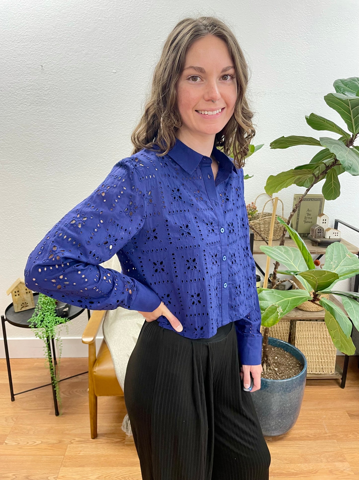 Navy Eyelet Cropped Button Front