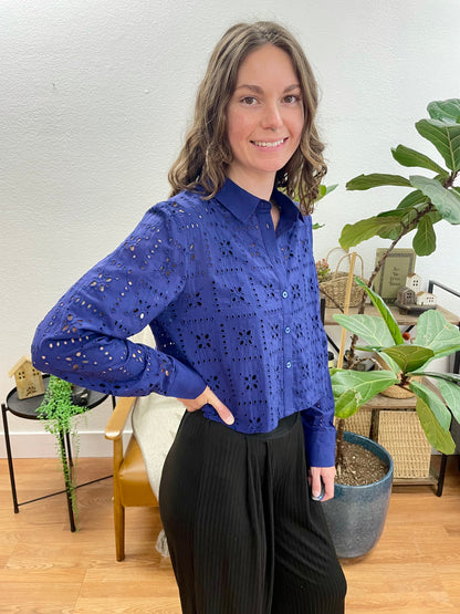 Navy Eyelet Cropped Button Front