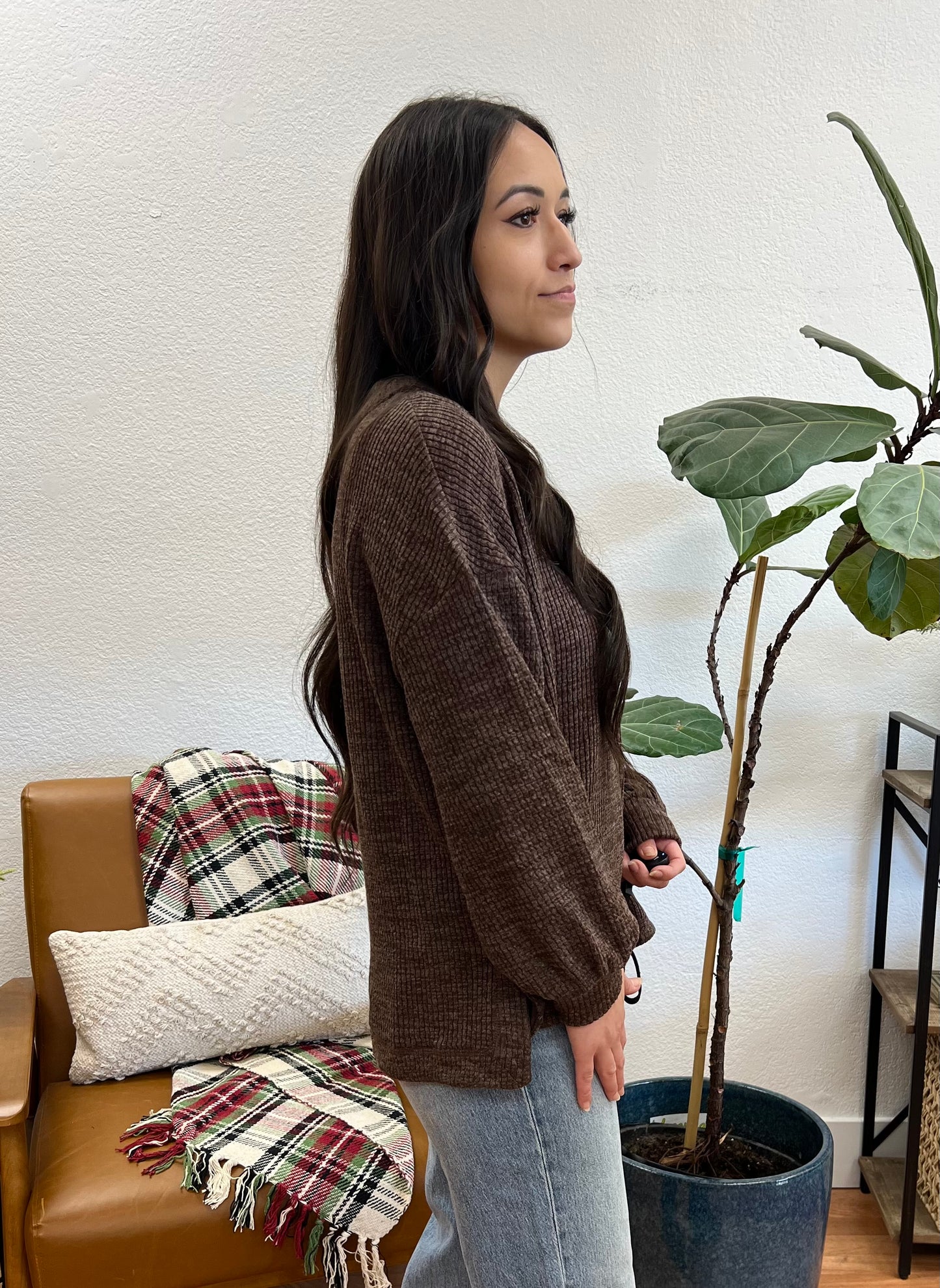 Brown Ribbed Pocket Pullover