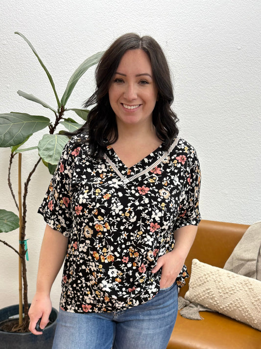 Black Floral Loose Blouse