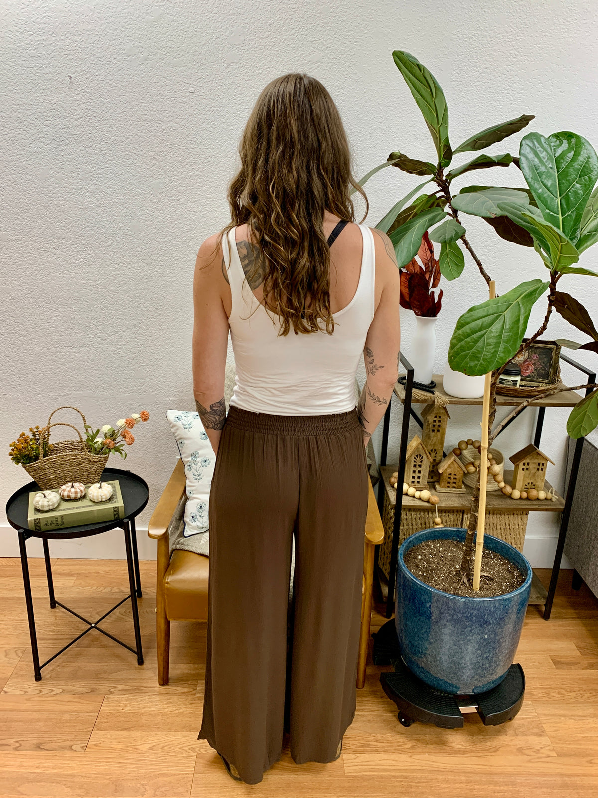 Chocolate Wide Leg Smocked Cropped Pants