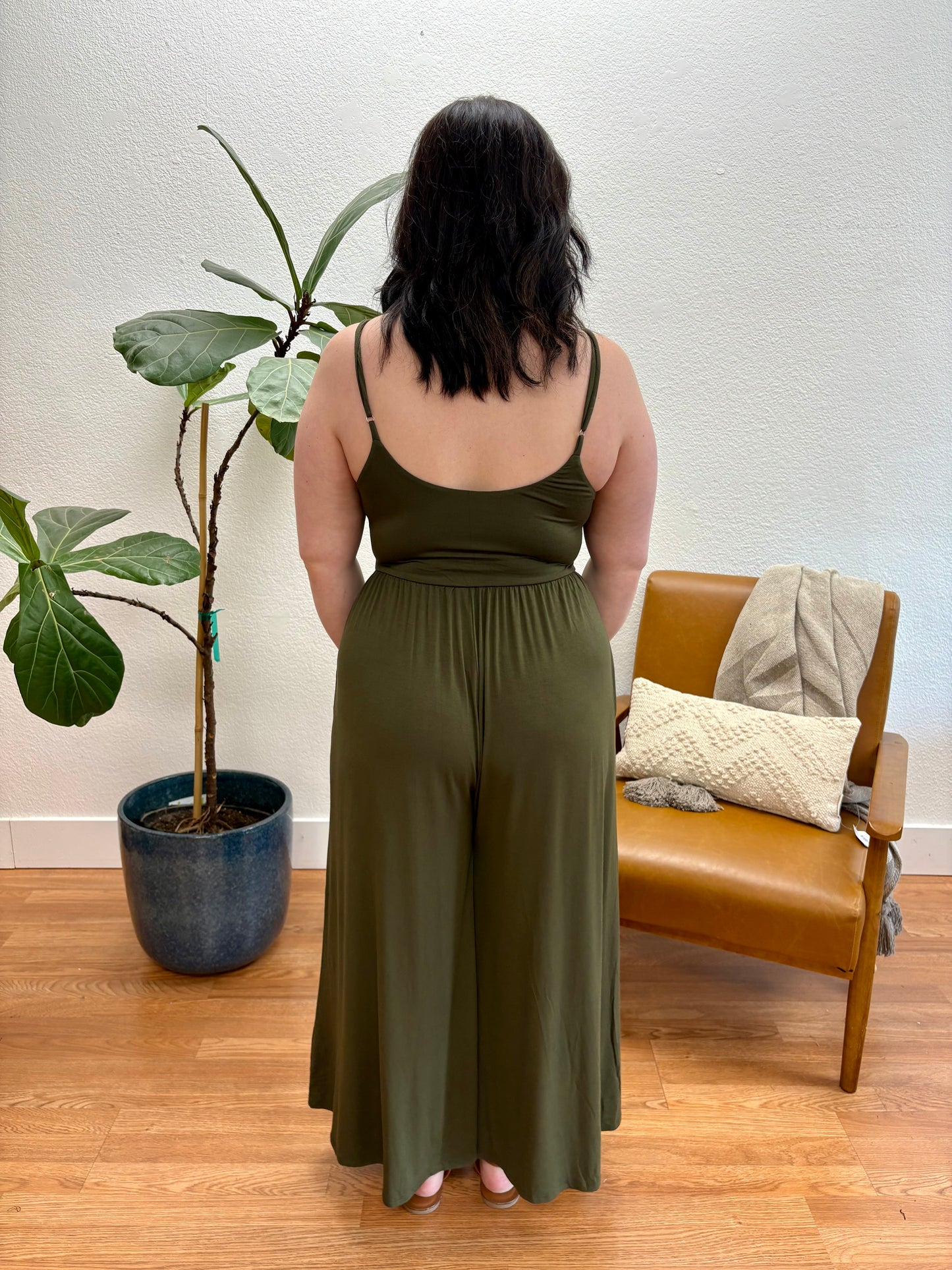 Deep Olive U-Neck Flare Wide Leg Jumpsuit