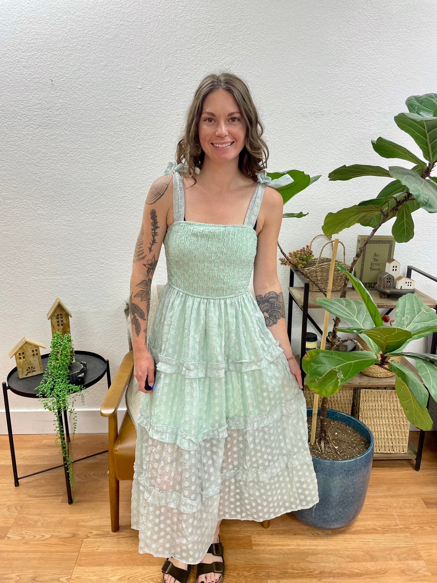 Mint Square Neck Ruffle Tiered Midi Dress