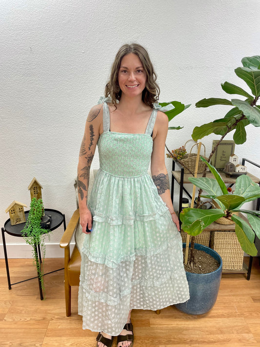 Mint Square Neck Ruffle Tiered Midi Dress