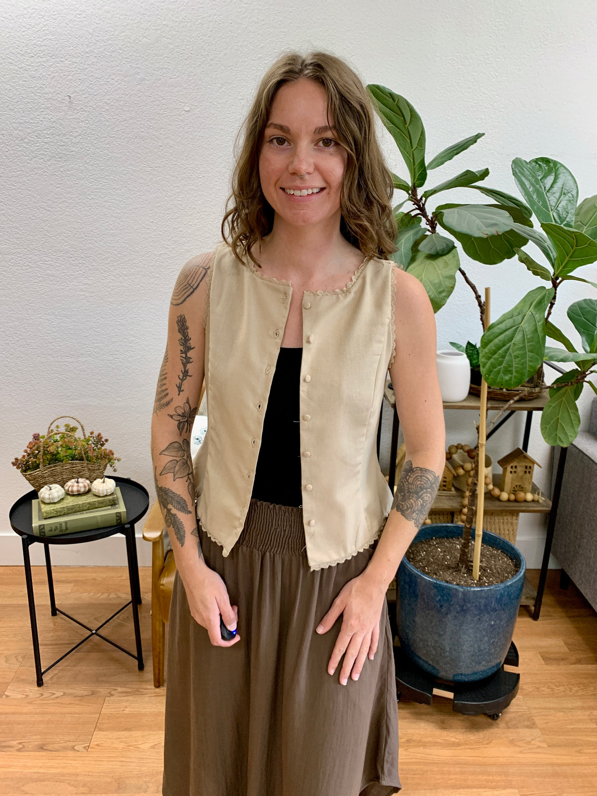 Mocha Lace Trim Vest Top