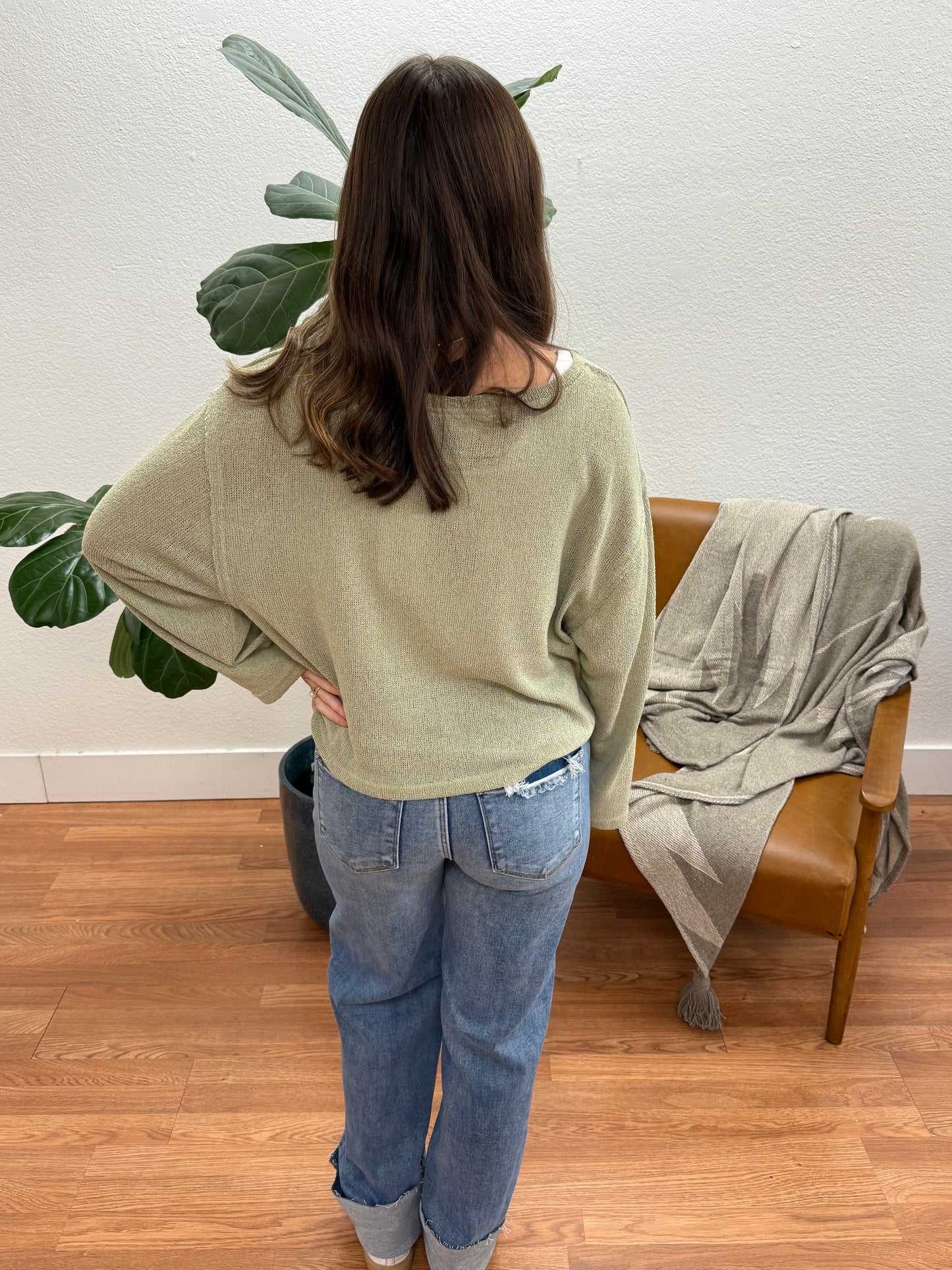 Light Olive Raw Edge Knit Top