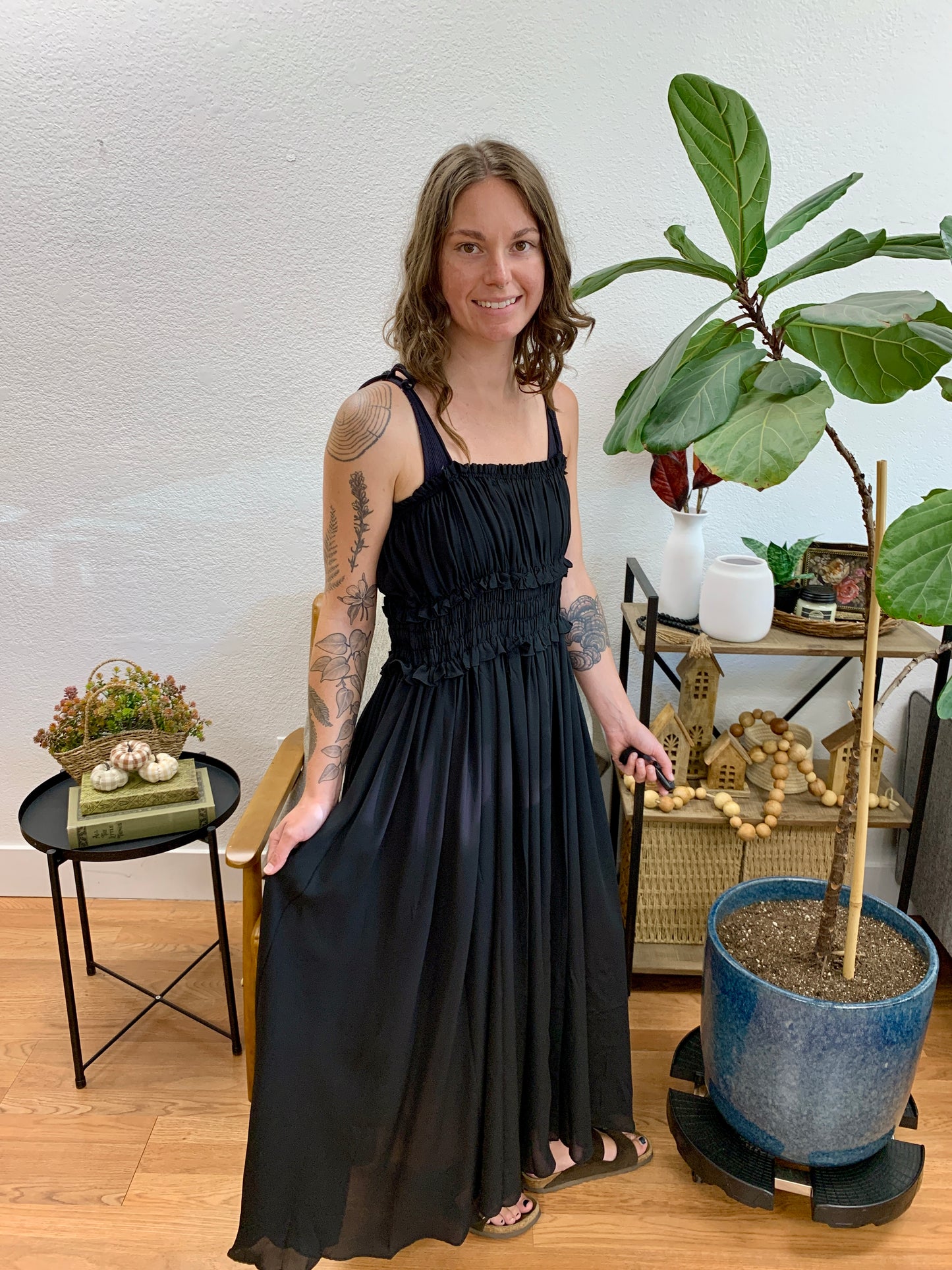 Black Square Neck Smock Maxi Dress