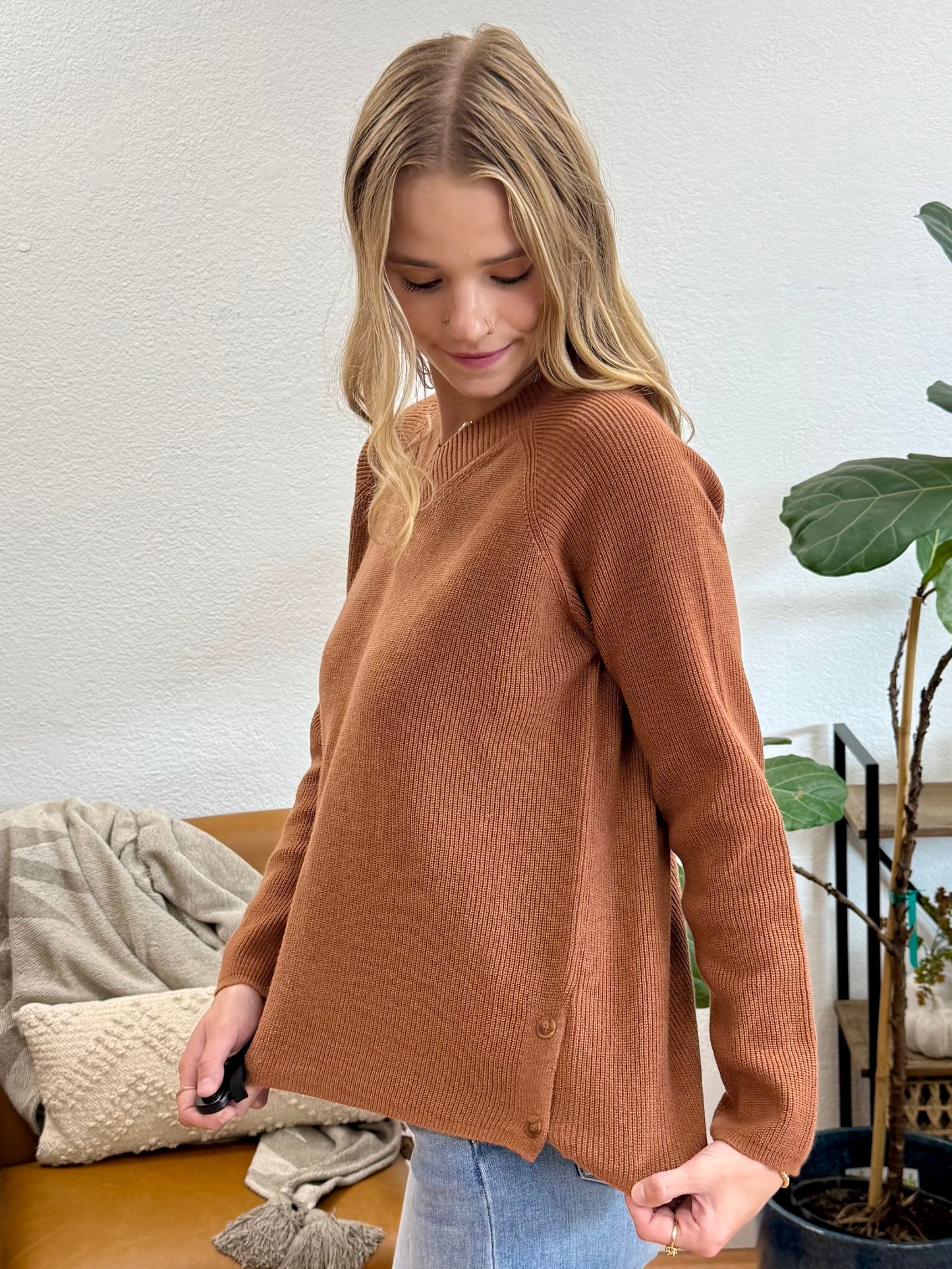 Rust V-Neck Side Button Sweater