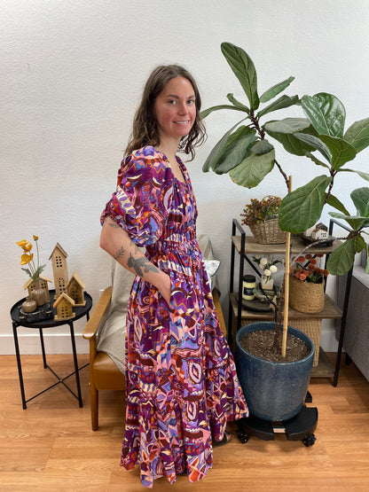 Purple Patterned Square Neck Midi Dress