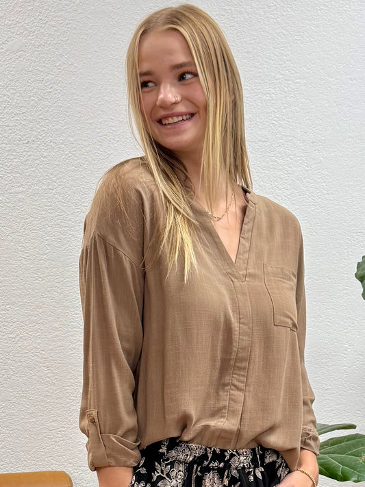 Mocha Woven Tab Sleeve Blouse