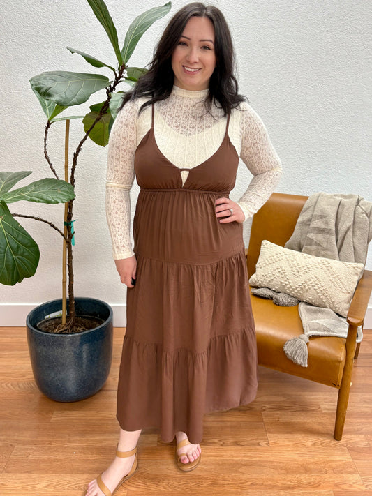 Brown Sweetheart Neckline Tiered Midi Dress