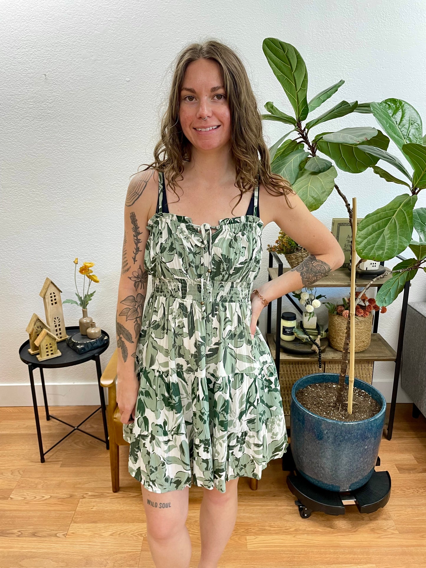 Green Botanical Tie Front Dress