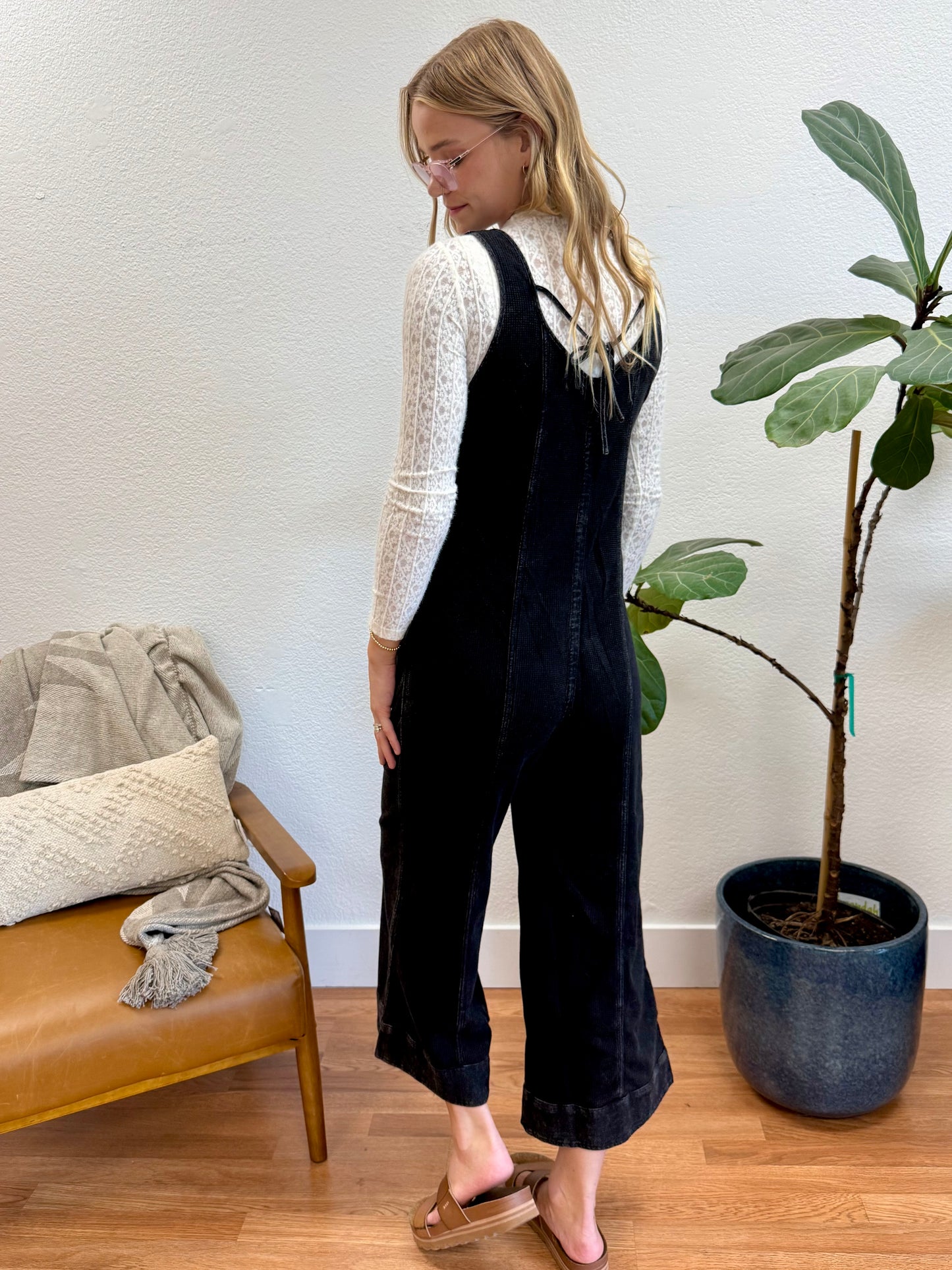 Black Mineral Washed Waffle Knit Jumpsuit