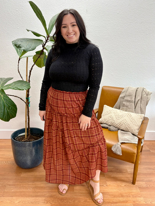 Red Plaid Ruffle Handkerchief Midi Skirt