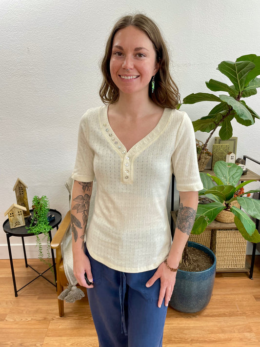 Cream Pointelle Henley Top
