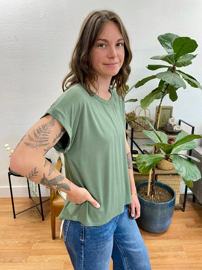 Olive Crew Neck Rolled Sleeve Top