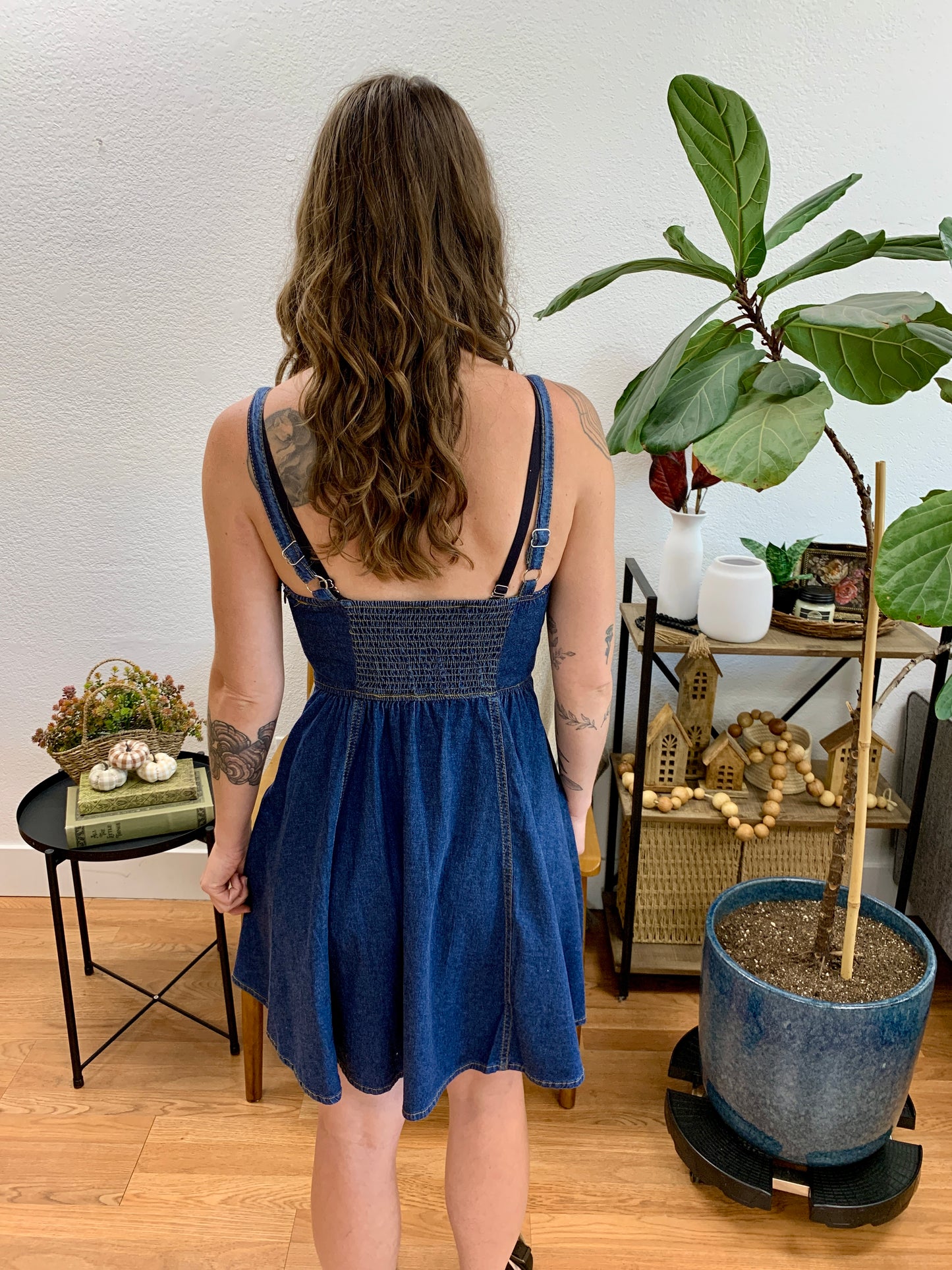 Denim Smocked Bustier Dress