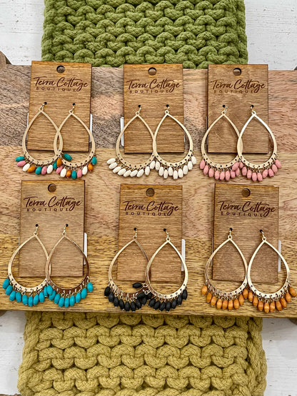 Multicolored Dangle Wood Bead Teardrop Earrings