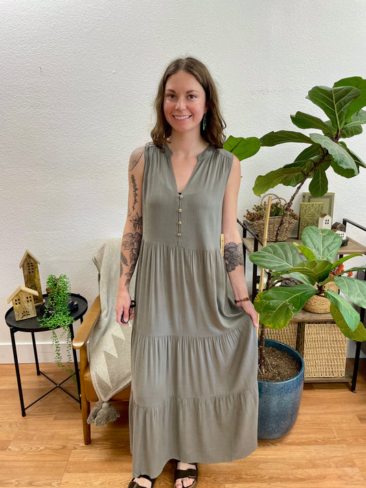 Olive Button Front Tiered Maxi Dress