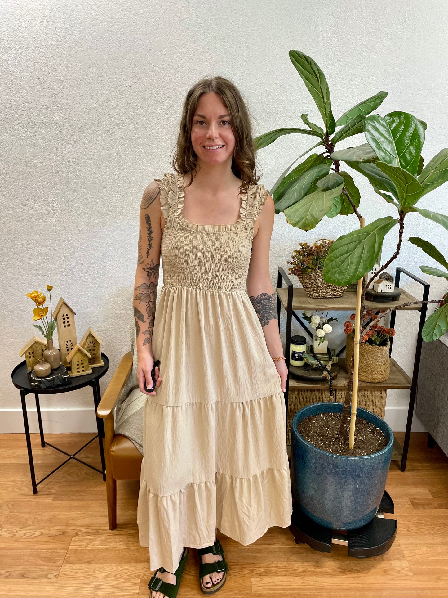 Natural Smocked Tiered Ruffle Strap Dress