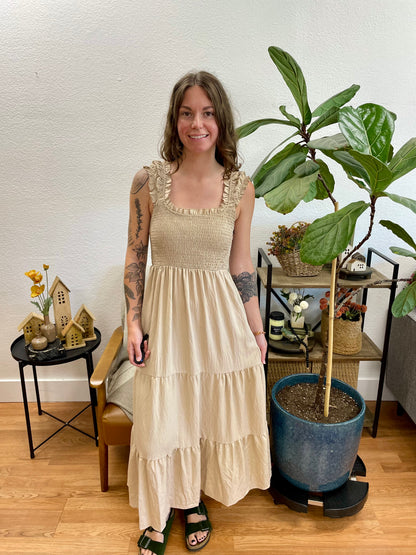 Natural Smocked Tiered Ruffle Strap Dress