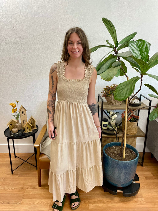 Natural Smocked Tiered Ruffle Strap Dress