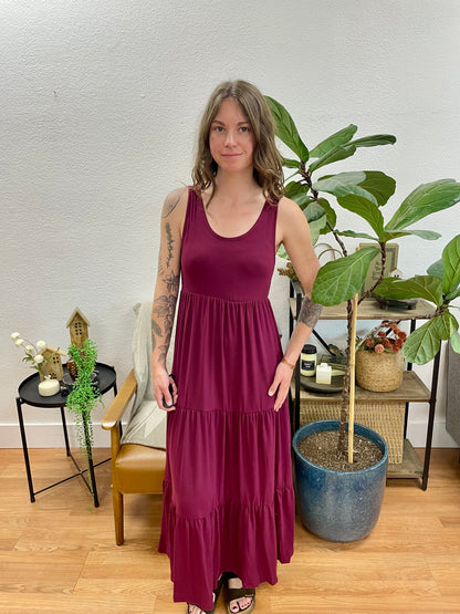 Berry Solid Layered Hem Dress