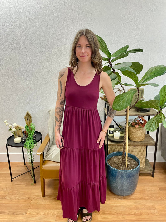 Berry Solid Layered Hem Dress