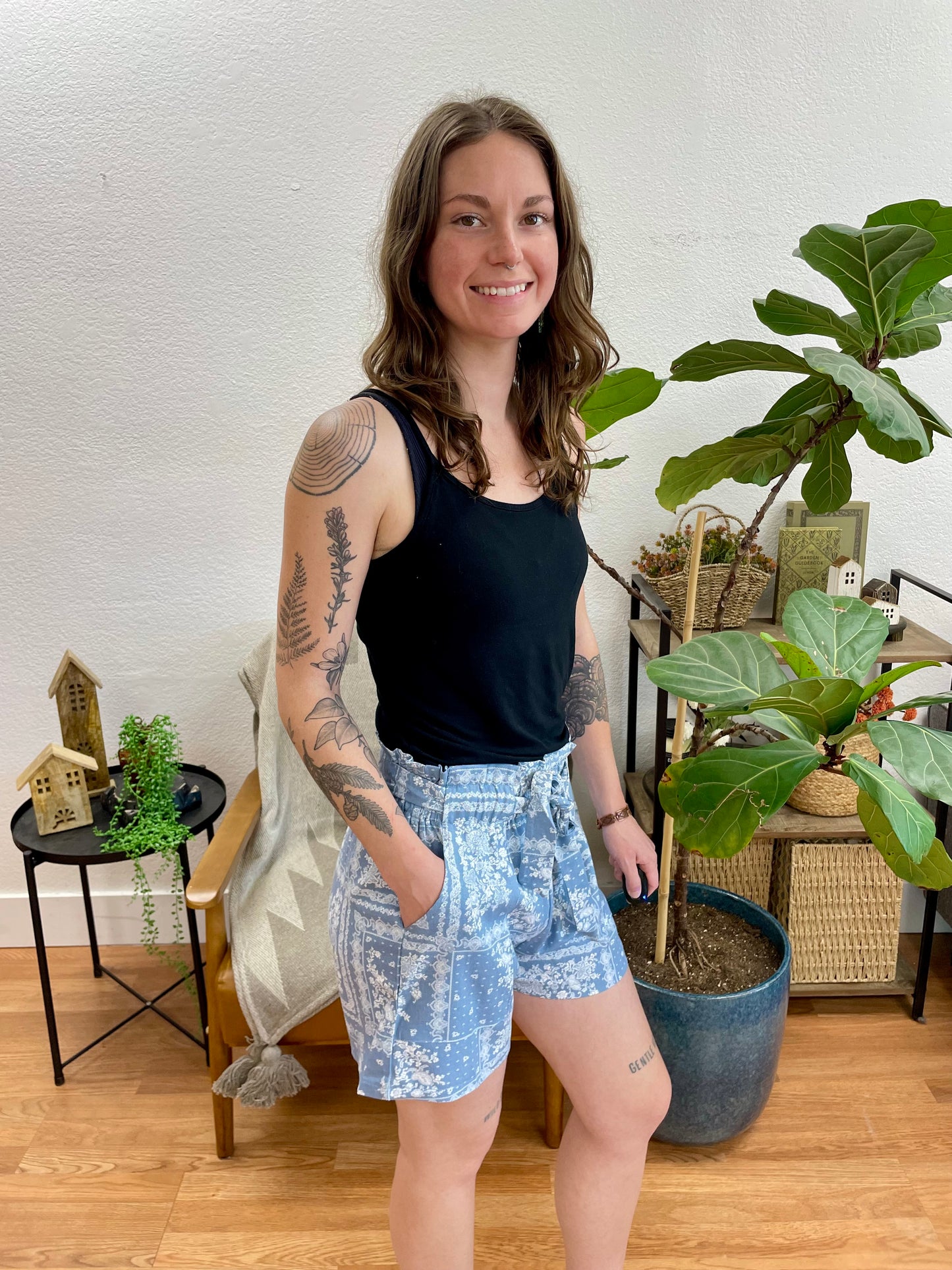 Blue Patterned Tie Front Shorts