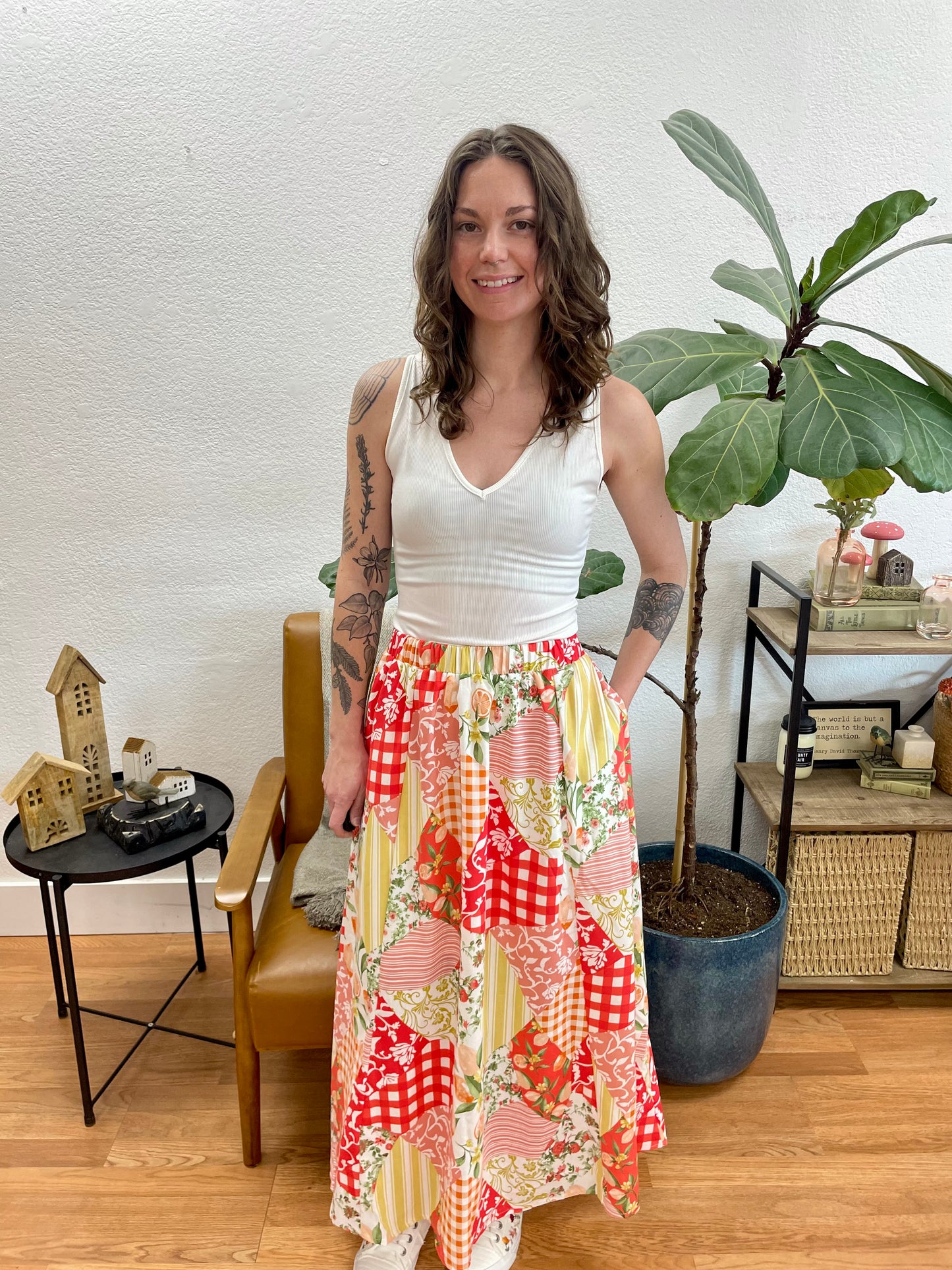 Red Patchwork Maxi Skirt - Terra Cottage