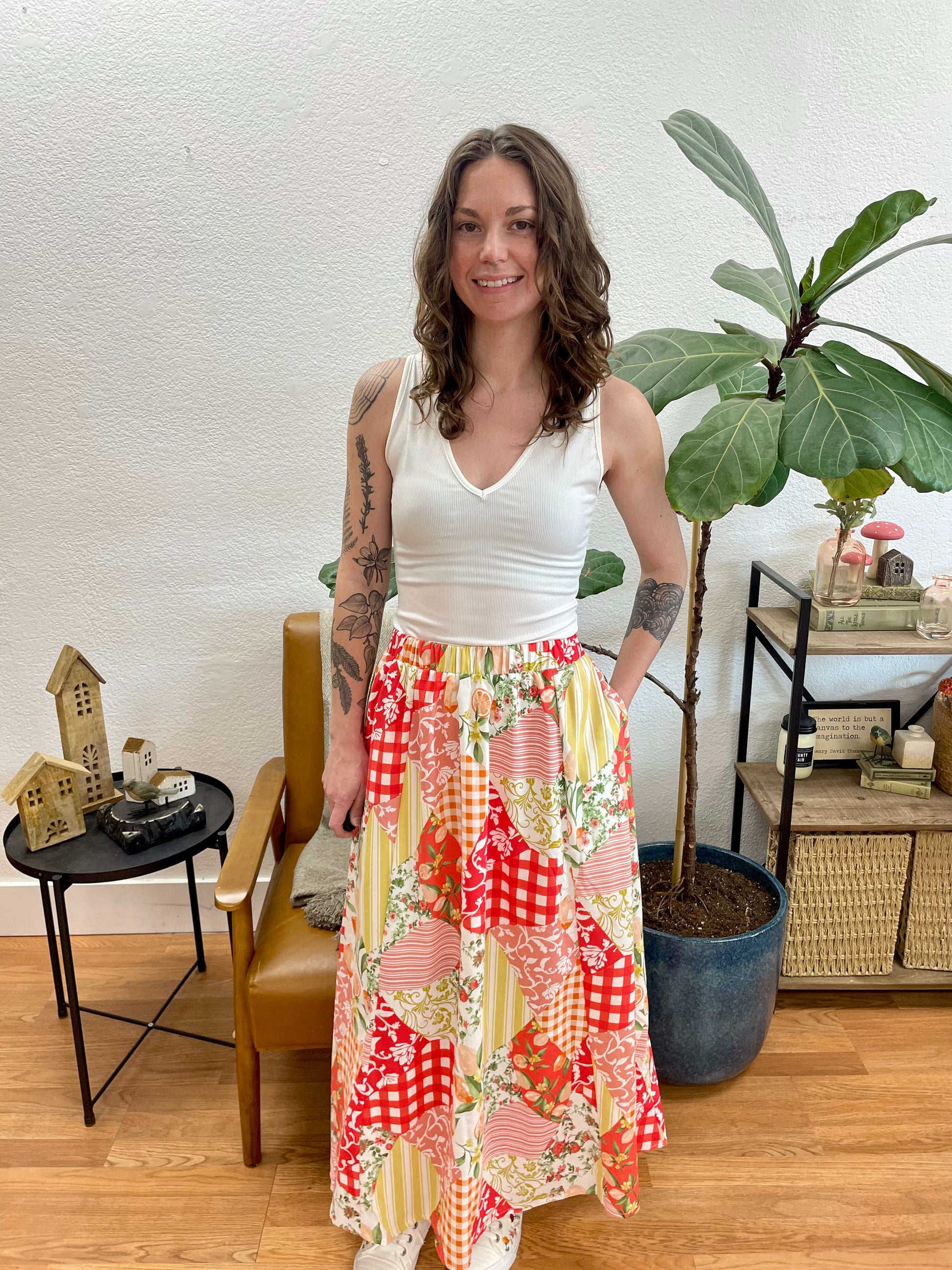 Red Patchwork Maxi Skirt - Terra Cottage