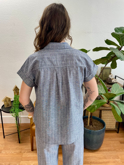Navy Stripe Linen Button Up