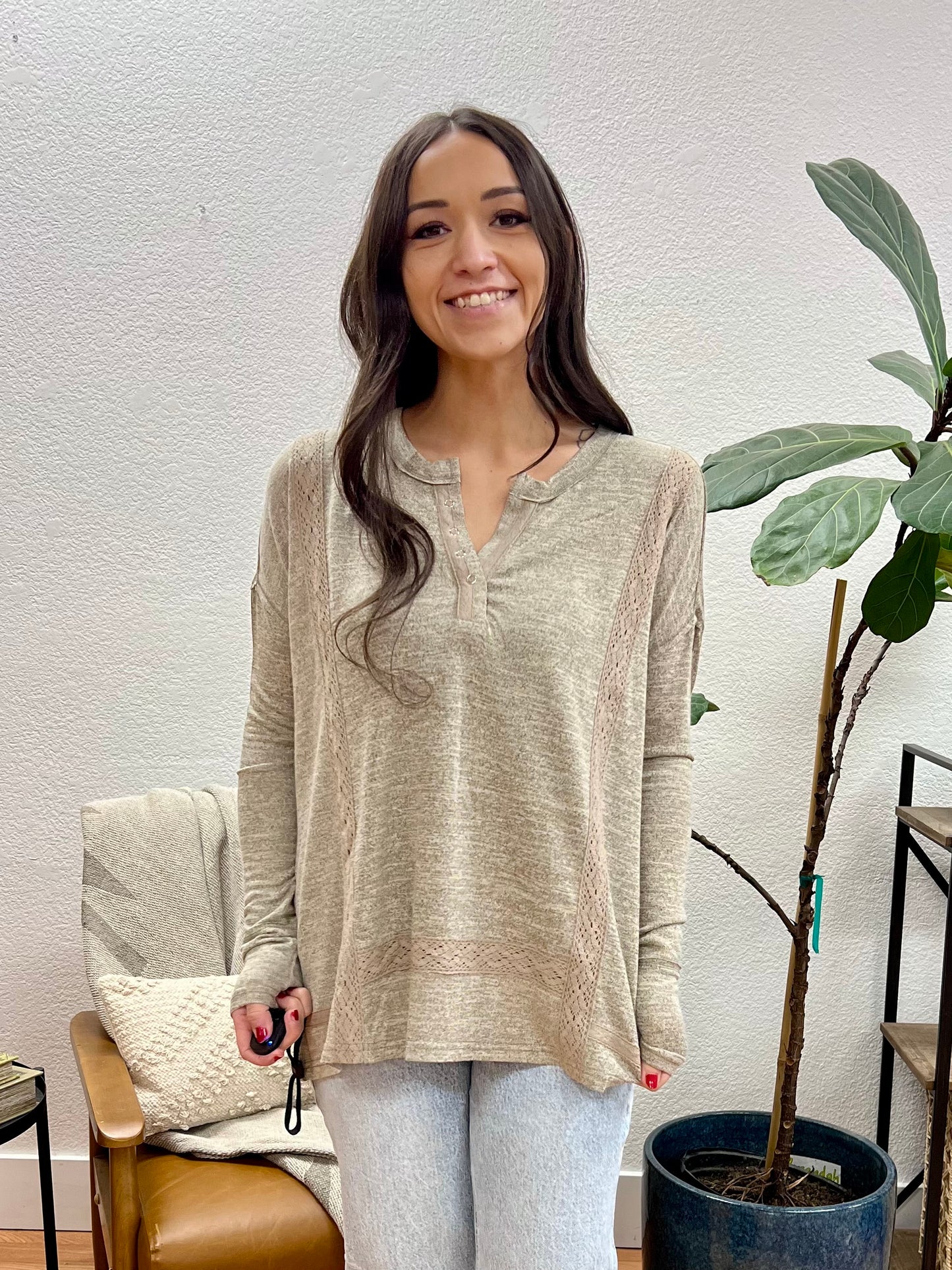 Taupe Brushed Lace + Knit Henley Top