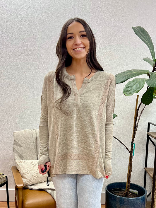 Taupe Brushed Lace + Knit Henley Top