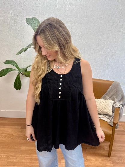 Black Lace Trim Button Tank
