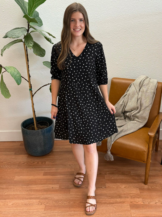 Black Half Sleeve Printed Dress