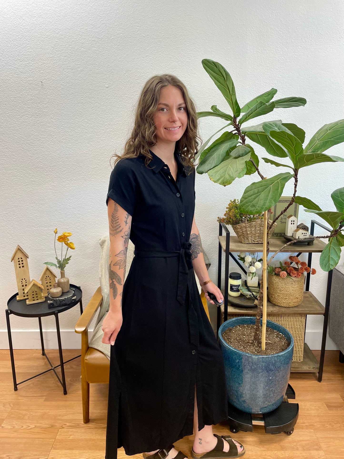 Black Belted Linen Side Slit Maxi Dress