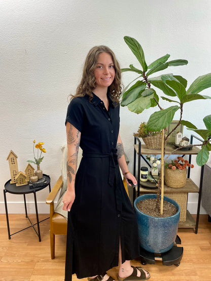 Black Belted Linen Side Slit Maxi Dress