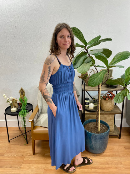 Blue Tie Shoulder Midi Dress