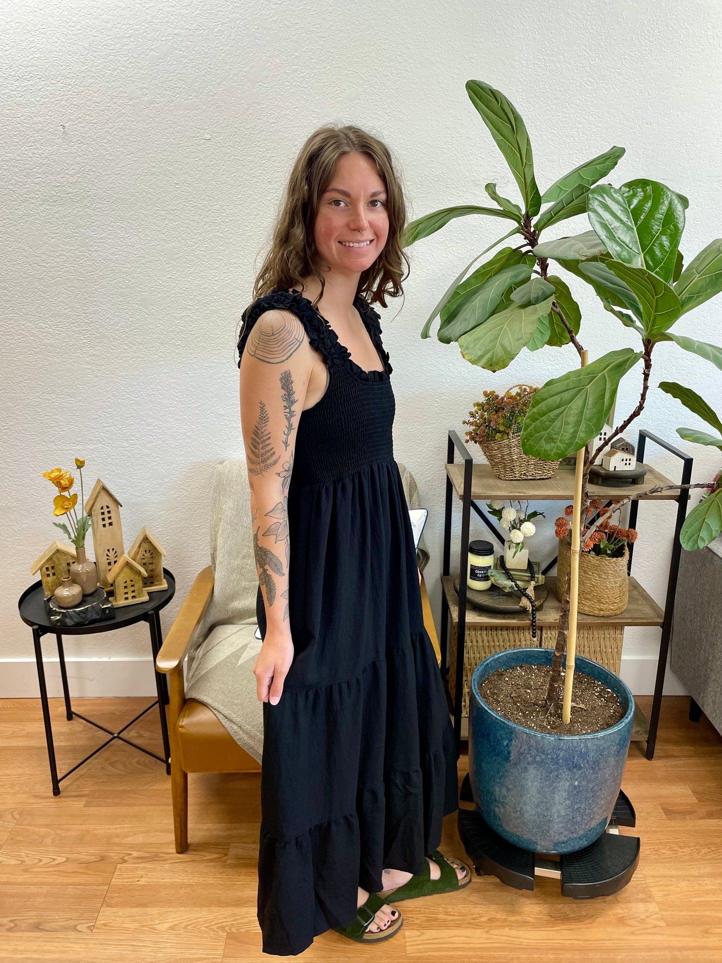 Black Smocked Tiered Ruffle Strap Dress