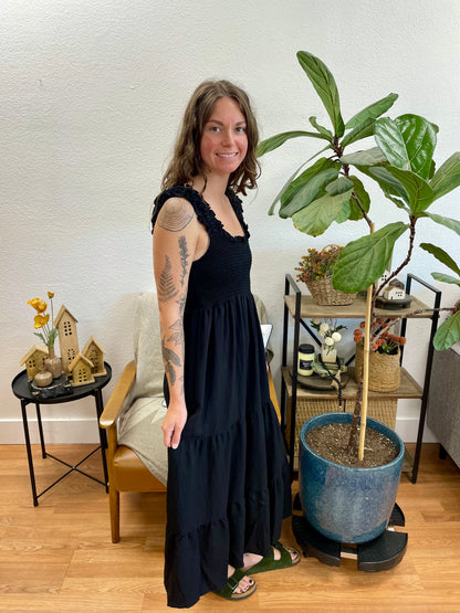 Black Smocked Tiered Ruffle Strap Dress