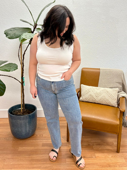White Ribbed Raw Seam Tank