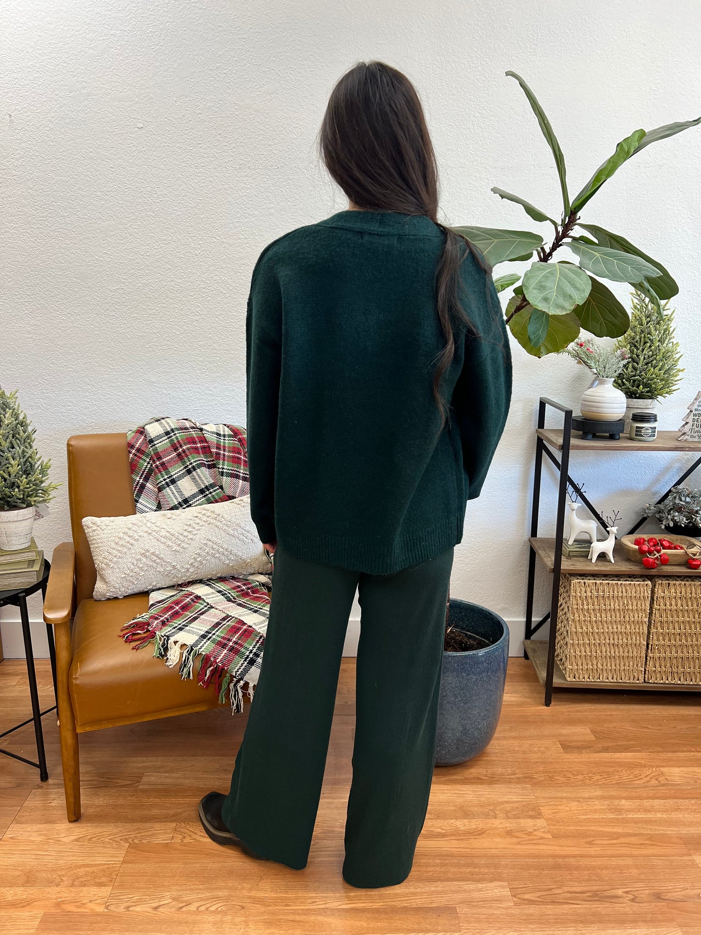 Hunter Green Textured Straight Leg Pants