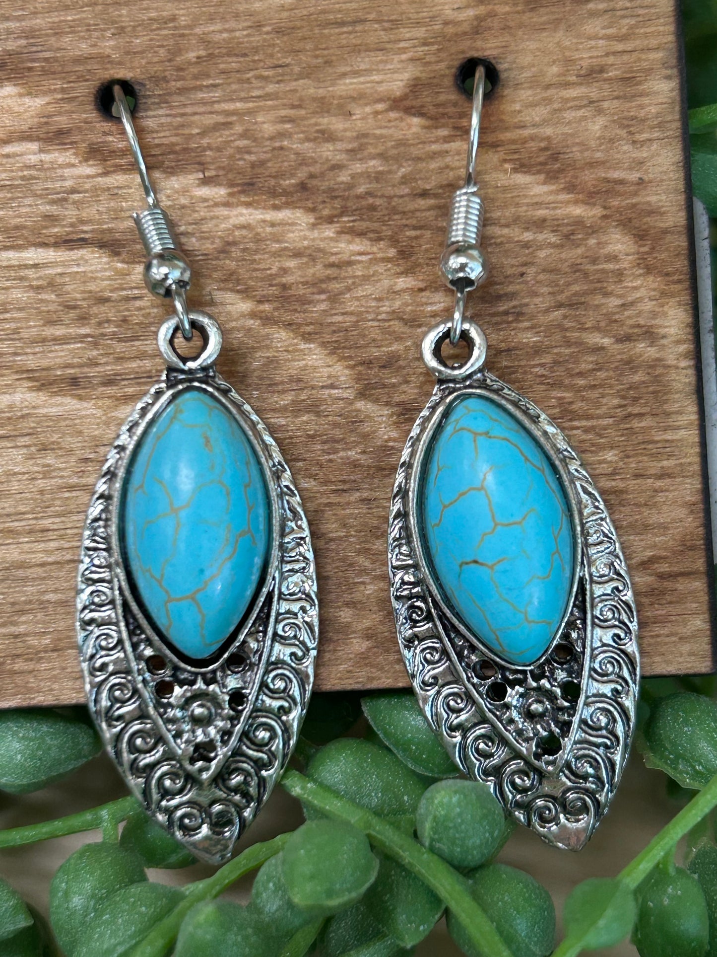 Vintage Engraved Turquoise Earrings