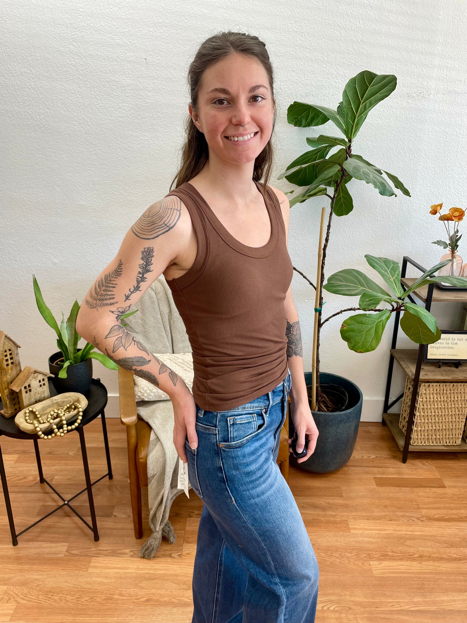 Brown Ribbed Scoop Neck Tank - Terra Cottage