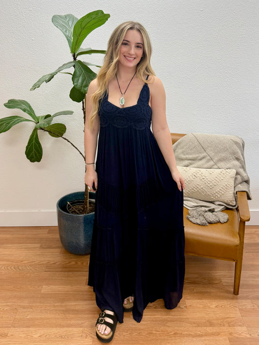 Navy Crochet Lace Maxi Dress