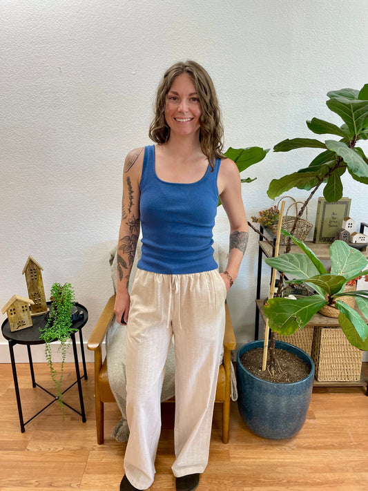 Khaki Stripe Tie Front Linen Pants
