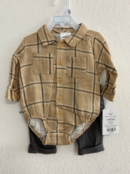 Boys Beige Plaid Gauze Set