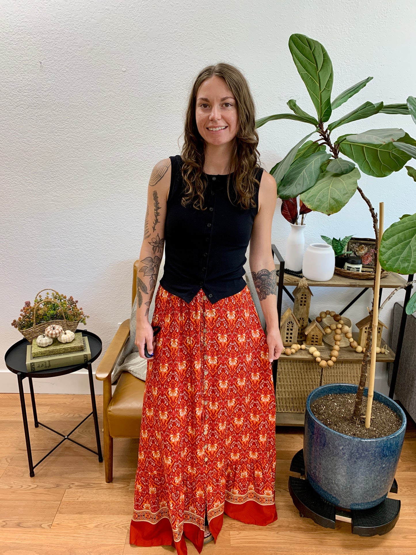 Red Woven Printed Skirt